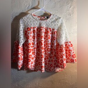 Coral White Pink Leopard Print Blouse sz M crochet flowy colorful bell sleeve